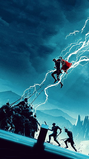 Thor Wielding Lightning Amidst Asgardian Battle Scene in Cinematic Comic Art HD phone wallpaper