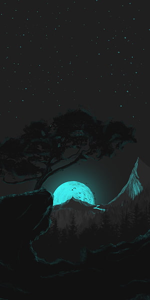 Dark Minimalist Night Landscape with Glowing Moon and Silhouetted Tree HD phone wallpaper