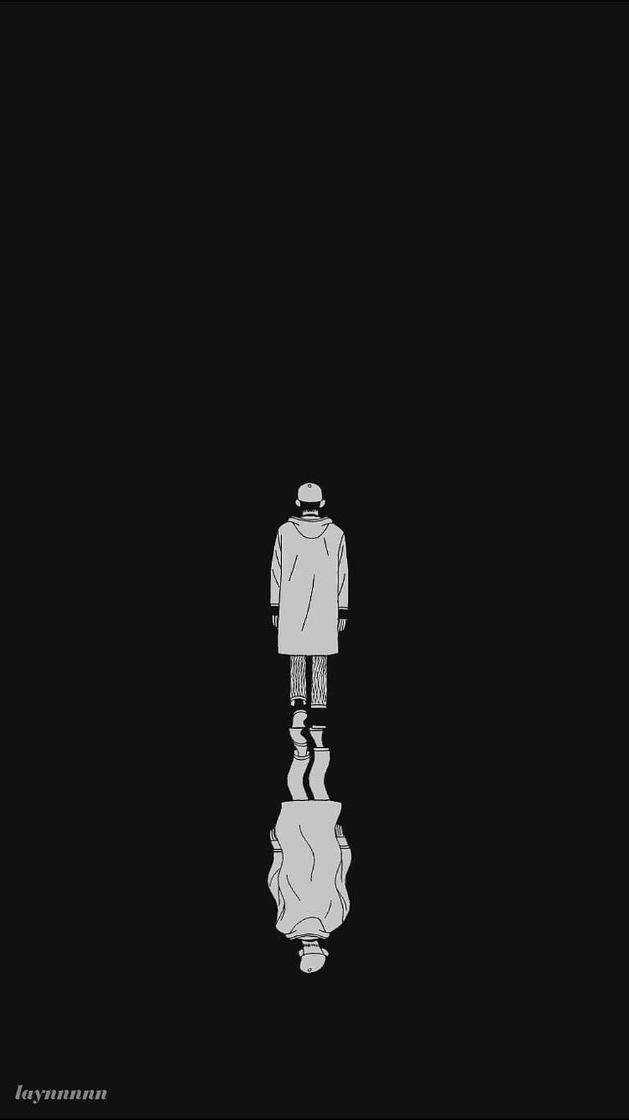 Minimalist Anime Figure Standing in Dark Void with Reflection HD phone wallpaper