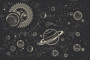 Vintage Celestial Solar System Illustration with Anthropomorphic Sun and Moon HD wallpaper