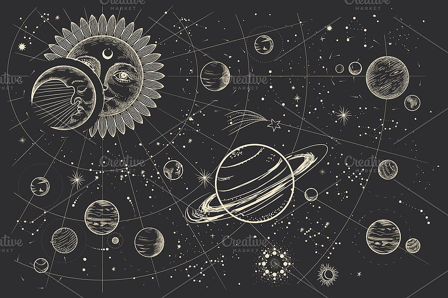 Vintage Celestial Solar System Illustration with Anthropomorphic Sun and Moon HD wallpaper