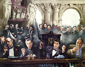 The Sopranos, Scarface, and The Godfather: A Cinematic Mafia Tribute Painting HD wallpaper