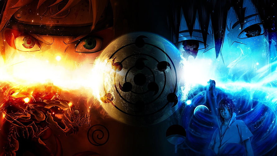 Naruto and Sasuke Rivalry with Rinnegan and Uchiha Clan Symbols HD wallpaper