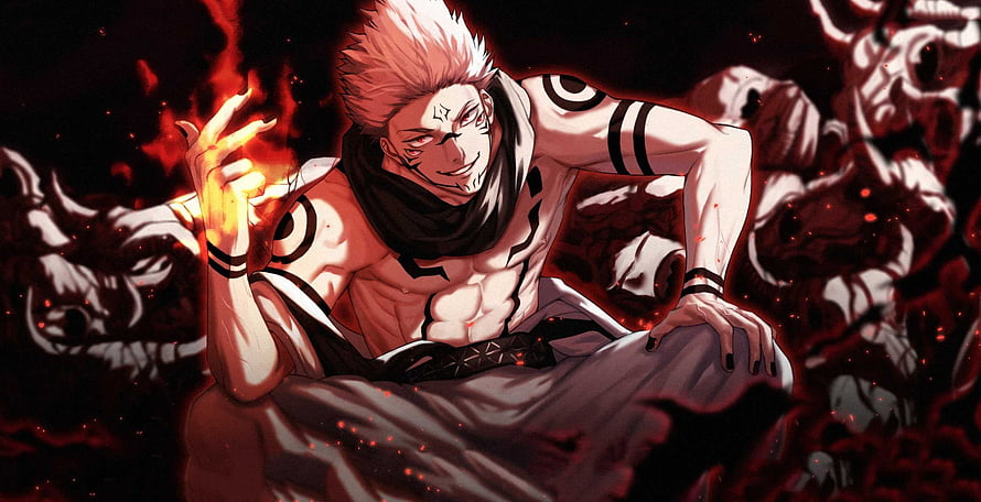 Ryomen Sukuna Jujutsu Kaisen Anime Character with Flame and Dark Aura HD wallpaper