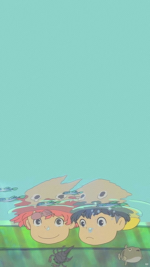 Ponyo and Sosuke Submerged in Turquoise Water with Small Fish and Sea Creatures HD phone wallpaper