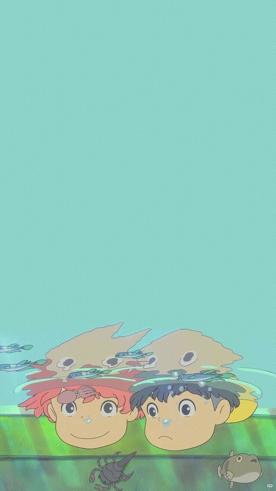 Ponyo and Sosuke Submerged in Turquoise Water with Small Fish and Sea Creatures HD phone wallpaper