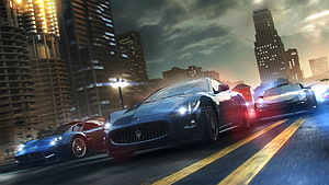 High-Speed Supercar Racing Through a Neon-Lit City at Dusk HD wallpaper