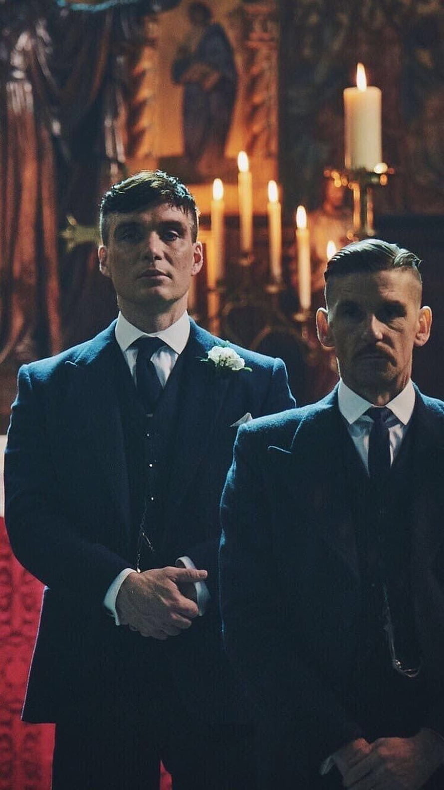 Tommy and Arthur Shelby in formal suits at a candlelit ceremony from Peaky Blinders HD phone wallpaper