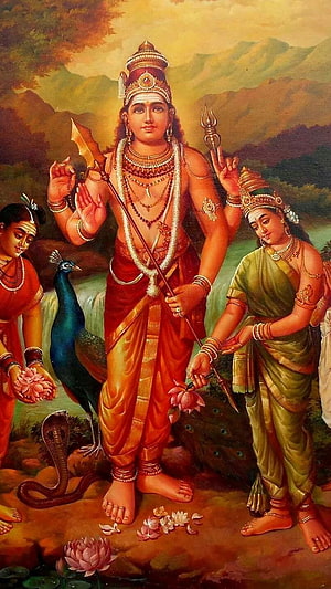 Traditional Indian Painting of Lord Murugan with Peacock and Lotus HD phone wallpaper