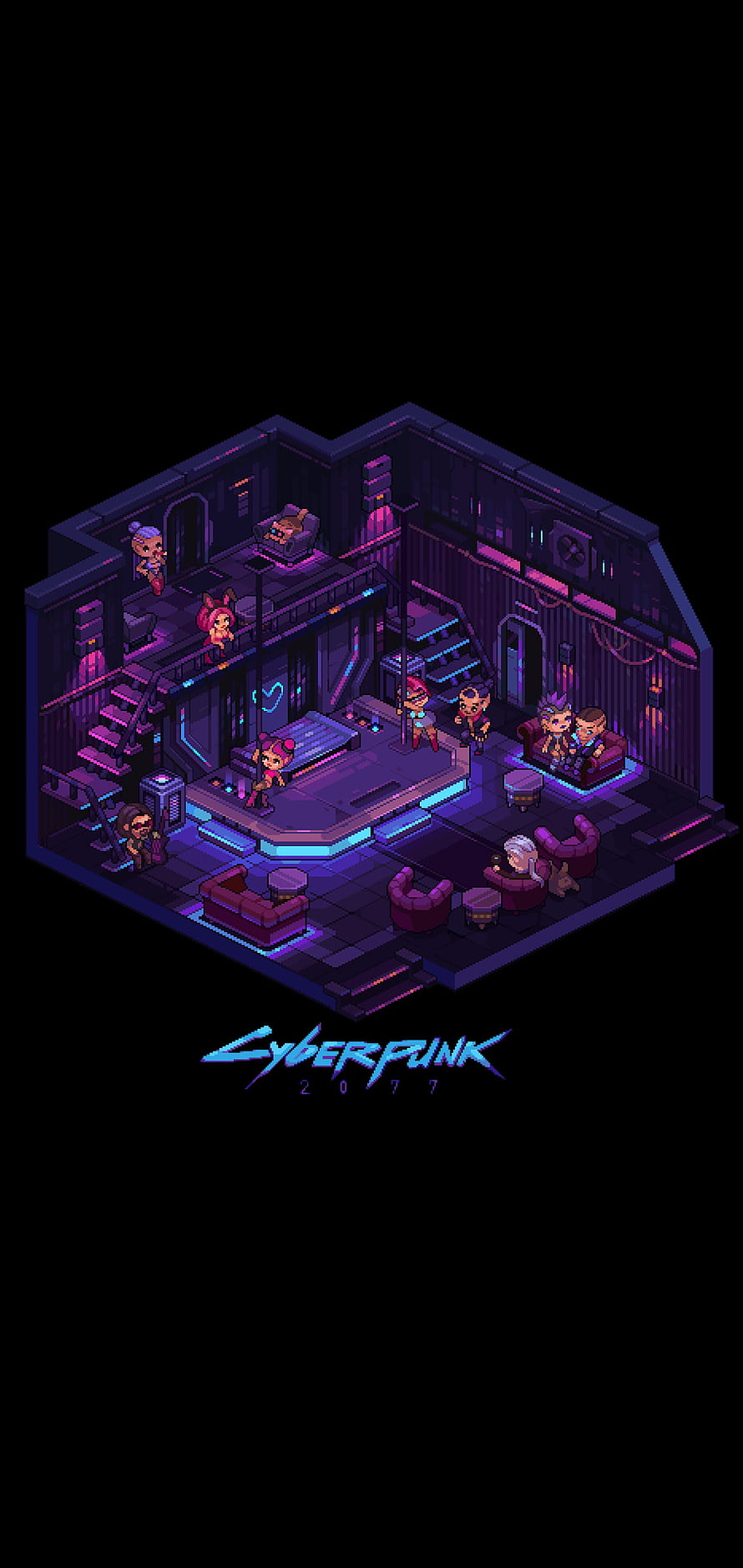 Cyberpunk 2077 Pixel Art Isometric Nightclub Scene with Neon Characters HD phone wallpaper