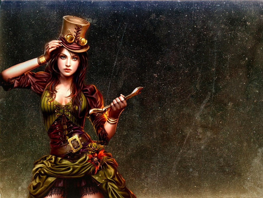 Steampunk Woman in Top Hat and Goggles Holding a Mechanical Device HD wallpaper