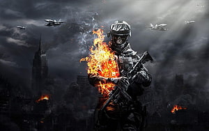 Flaming Skull Soldier with Rifle in War-Torn City with Fighter Jets HD wallpaper