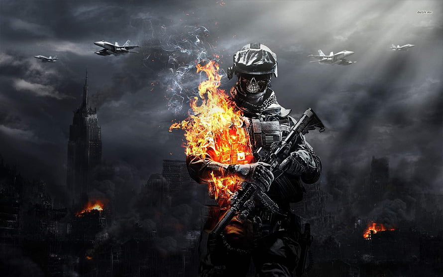 Flaming Skull Soldier with Rifle in War-Torn City with Fighter Jets HD wallpaper