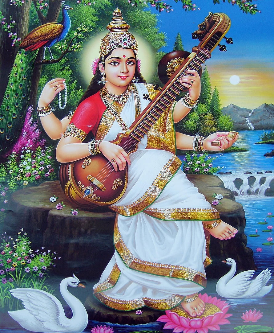 Goddess Saraswati Playing Veena in a Serene Lotus Pond with Swans and Peacock HD phone wallpaper