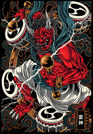 Raijin Thunder God Illustration with Drums and Lightning in Japanese Mythology Style HD phone wallpaper