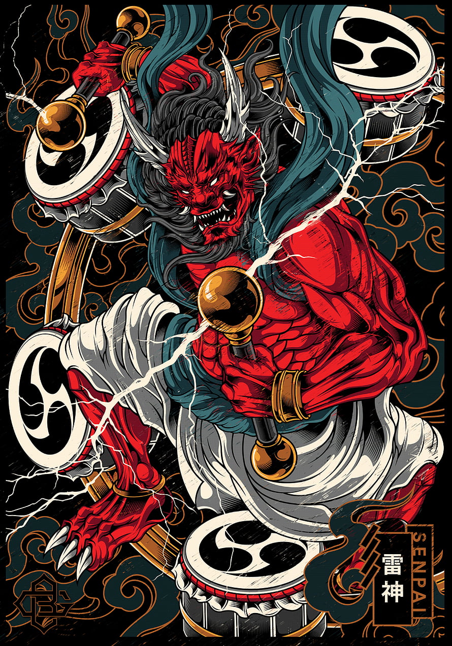 Raijin Thunder God Illustration with Drums and Lightning in Japanese Mythology Style HD phone wallpaper