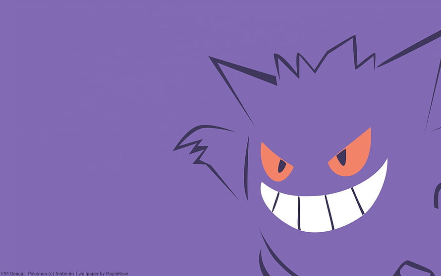 Gengar Pokemon Character Close-Up with Menacing Grin on Purple Background HD wallpaper
