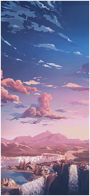 Dreamy Pink Mountain Landscape with Waterfalls and Clouds in Digital Art Style HD phone wallpaper