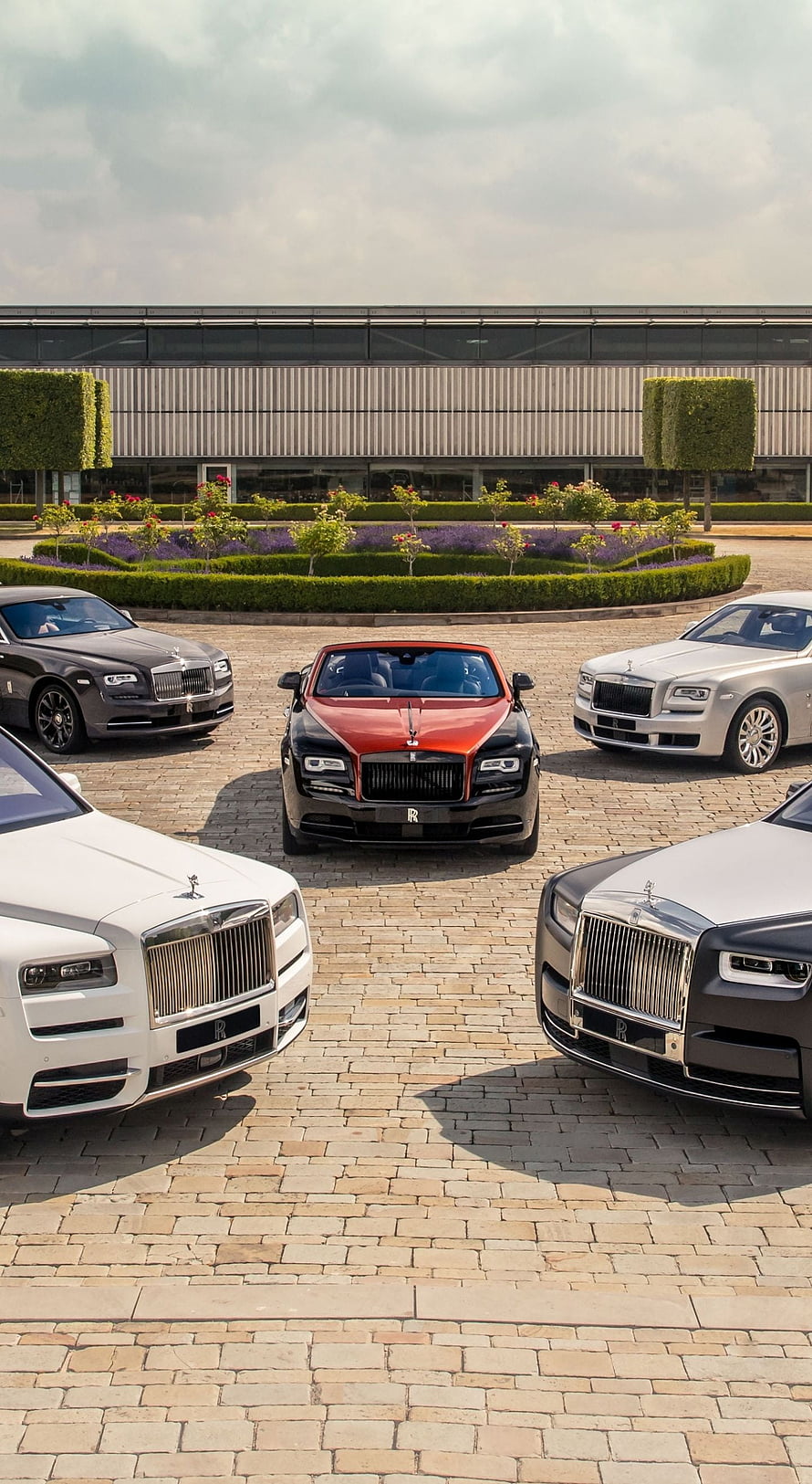 Luxury Rolls Royce Collection Parked in a Circular Formation on a Cobblestone Plaza HD phone wallpaper
