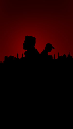 Mr Robot Silhouette Wallpaper with Dark Red Sky and City Skyline HD phone wallpaper