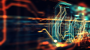 Glowing Circuit Board Traces with Neon Orange and Cyan Light Effects on Dark Background HD wallpaper