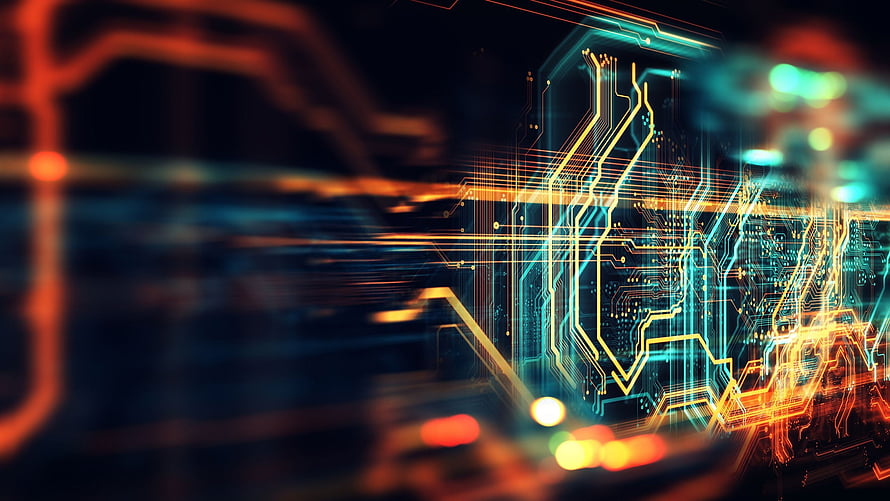 Glowing Circuit Board Traces with Neon Orange and Cyan Light Effects on Dark Background HD wallpaper