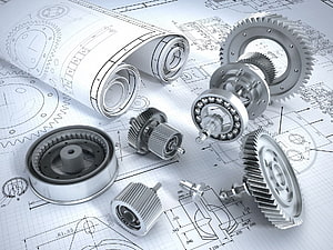 3D Rendered Mechanical Gears and Bearings on Technical Blueprint Background HD wallpaper