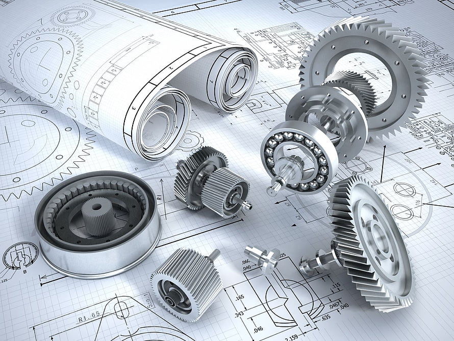 3D Rendered Mechanical Gears and Bearings on Technical Blueprint Background HD wallpaper