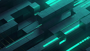 Abstract 3D Geometric Blocks with Teal Neon Glow and Dark Digital Architecture HD wallpaper