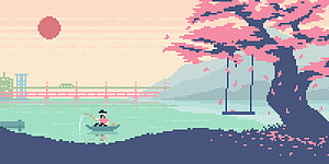 Serene Japanese Landscape Pixel Art with Cherry Blossoms and Fishing Boat HD wallpaper