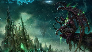 World of Warcraft Illidan Stormrage Perched Above Dark Spire City in Stormy Green Fantasy Landscape HD wallpaper