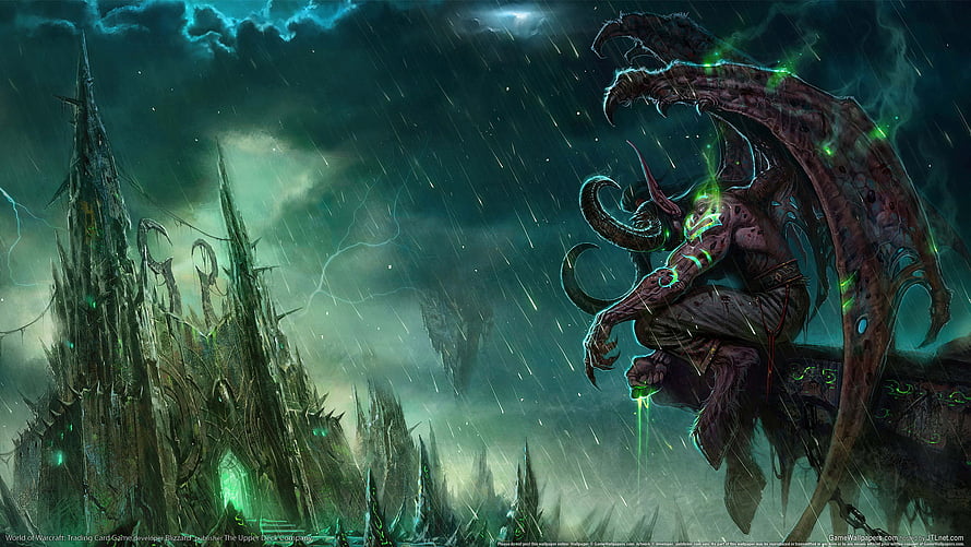 World of Warcraft Illidan Stormrage Perched Above Dark Spire City in Stormy Green Fantasy Landscape HD wallpaper