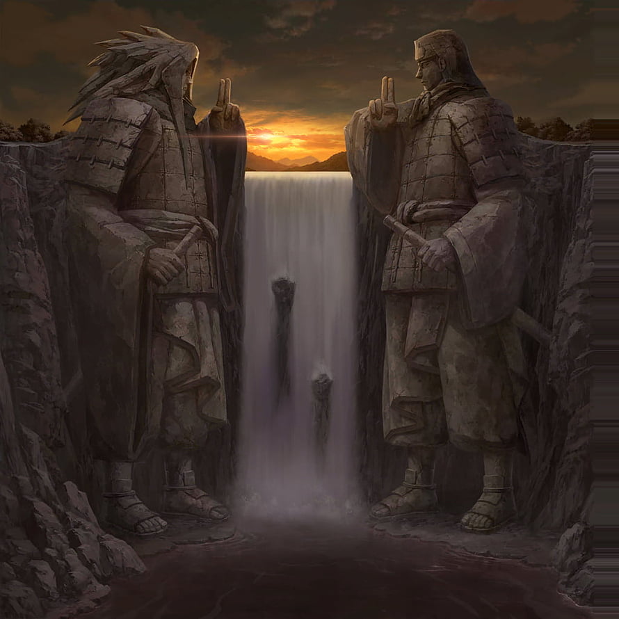 Naruto Final Valley Statue Scene with Waterfall and Sunset Sky HD phone wallpaper