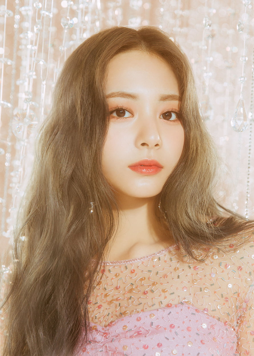 Jihyo Portrait in Sparkling Pink Dress with Crystal Bead Curtain Background HD phone wallpaper