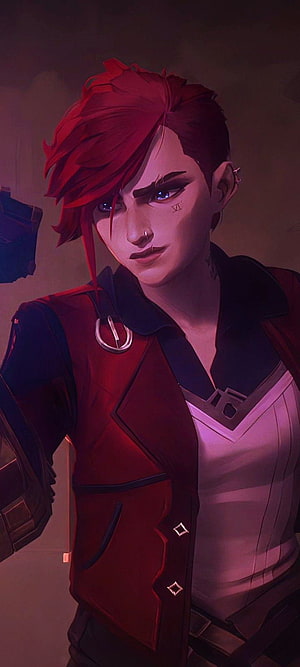 Vi from Arcane in a moody red and purple digital portrait HD phone wallpaper