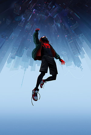 Miles Morales Spider-Man Falling Through a Futuristic Cityscape in a Cinematic Digital Illustration HD phone wallpaper