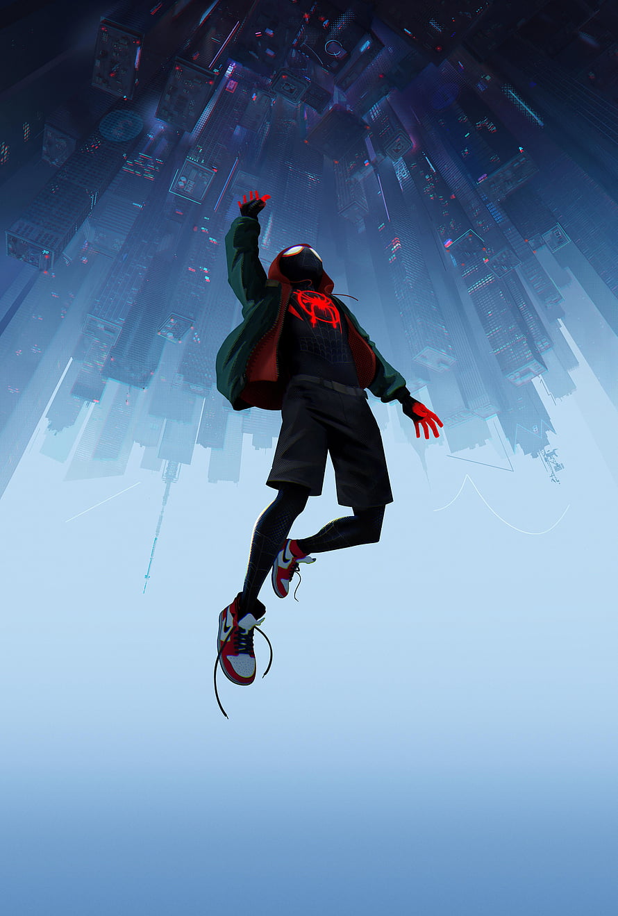 Miles Morales Spider-Man Falling Through a Futuristic Cityscape in a Cinematic Digital Illustration HD phone wallpaper