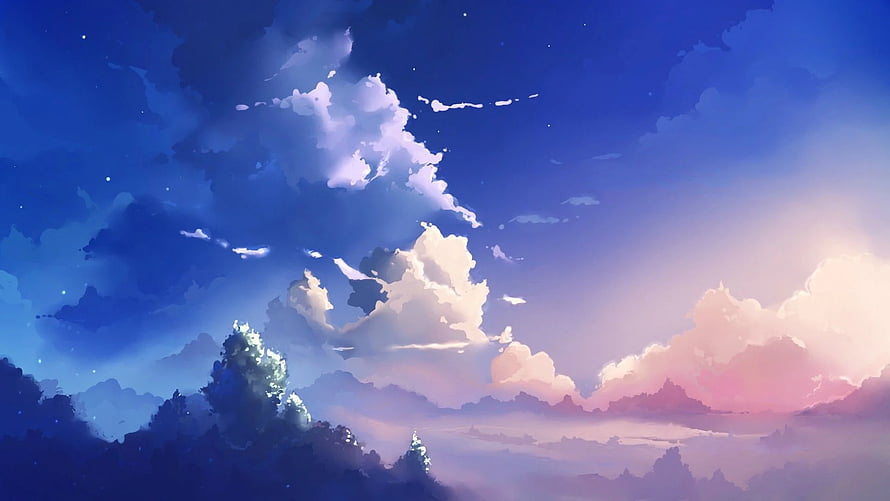 Dreamy Anime Sky with Soft Clouds and Twilight Hues Over a Misty Forest HD wallpaper