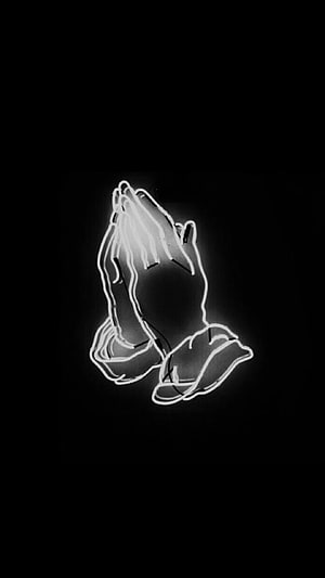 Glowing Neon Praying Hands on Black Background Minimalist Wallpaper HD phone wallpaper
