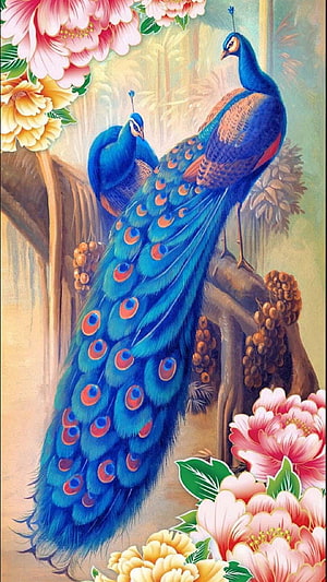 Traditional Peacock Painting with Vibrant Peonies and Lush Garden Setting HD phone wallpaper