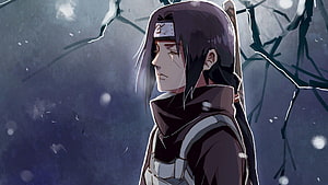 Itachi Uchiha Anime Character in Snowy Winter Landscape HD wallpaper