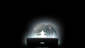 Anime Girl Peeking Over Laptop Screen in Dark Room with Glowing Light HD wallpaper