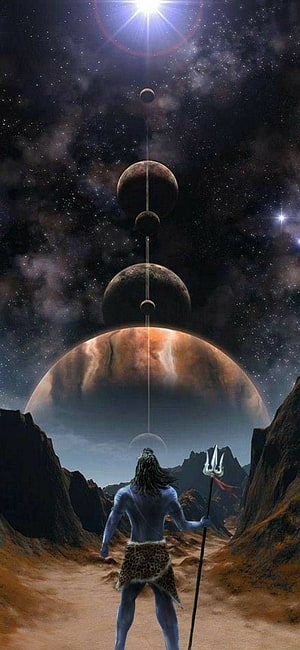 Lord Shiva Standing in Canyon with Trishula Under Cosmic Planetary Alignment HD phone wallpaper