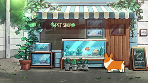 Doggie Corgi Pet Shop Front With Aquariums, Potted Plants, and a Corgi Standing on the Sidewalk HD wallpaper