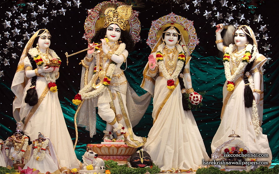 Radha Krishna with Lalita and Vishakha Deities at ISKCON Chennai Temple HD wallpaper
