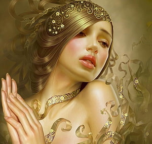 Ethereal Fantasy Portrait of a Woman with Ornate Gold Headpiece and Flowing Ribbons HD wallpaper