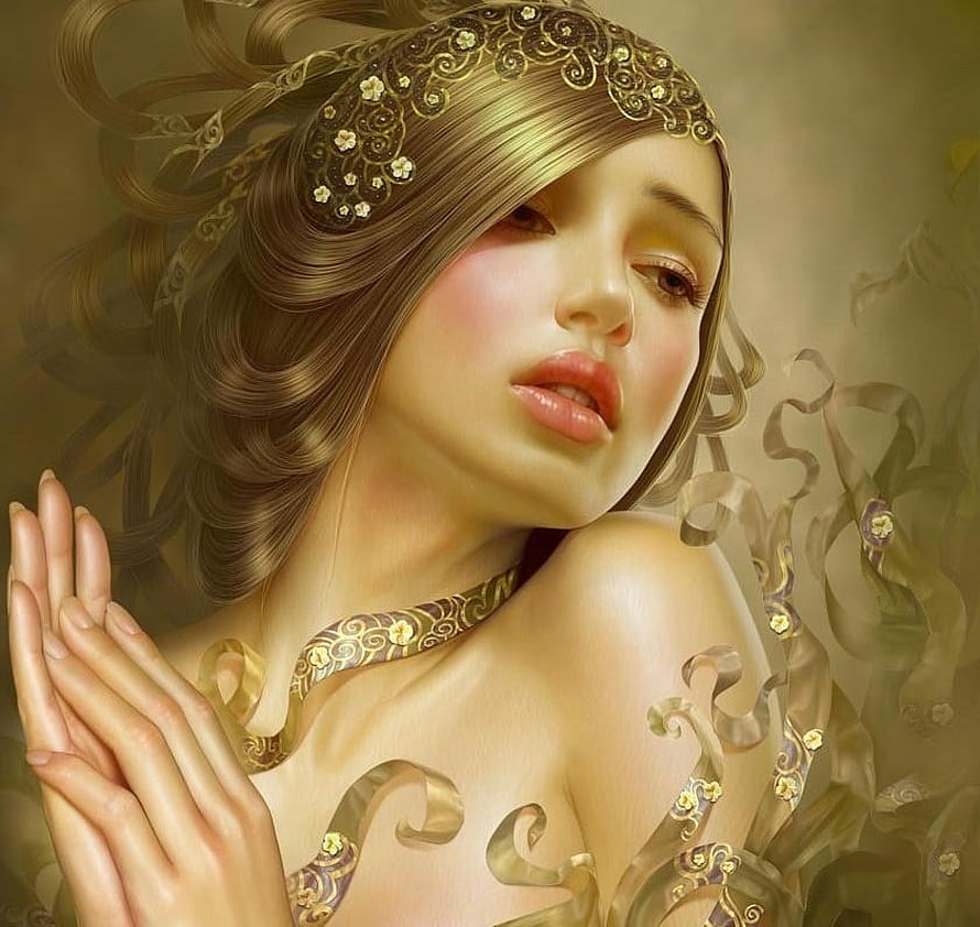 Ethereal Fantasy Portrait of a Woman with Ornate Gold Headpiece and Flowing Ribbons HD wallpaper