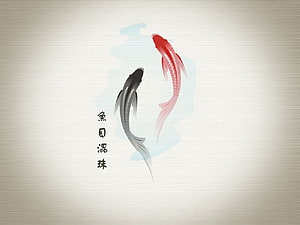 Minimalist Ink Wash Koi Fish Art with Chinese Calligraphy on Textured Background HD wallpaper