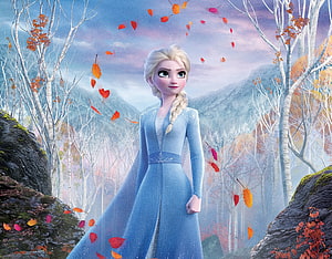 Elsa from Frozen 2 in a blue gown standing in an autumn forest with falling leaves HD wallpaper