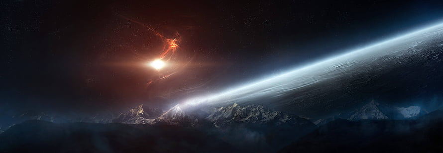 Dramatic Alien Planet Horizon with Glowing Star and Snow-Capped Mountain Range HD wallpaper